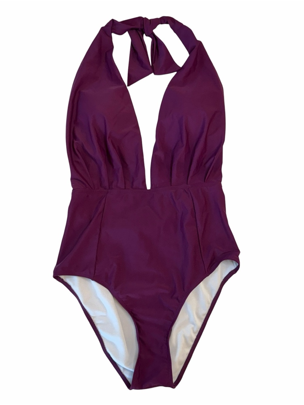 SHEKINI Deep V Halter One-Piece Swimsuit in Plum